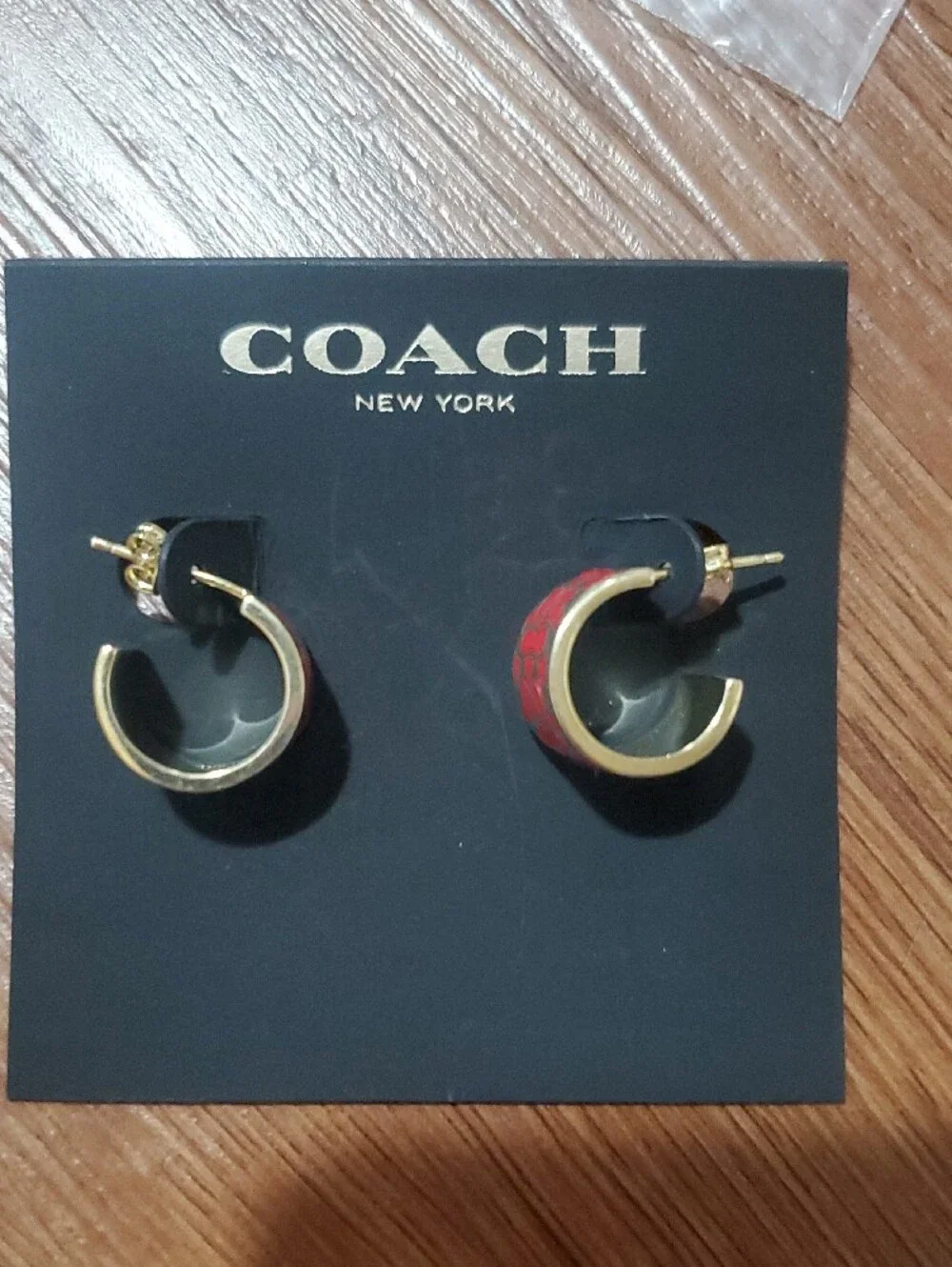COACH Gold-Tone Hoop Earrings with Red Enamel Signature Pattern - Picture 3 of 4